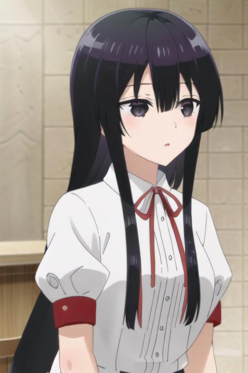 (masterpiece), yumiella dolkness, long hair, black hair, black eyes, 1girl, solo, shirt, short sleeves, anime coloring, white shirt, upper body, puffy sleeves, school uniform, puffy short sleeves, red ribbon, collared shirt