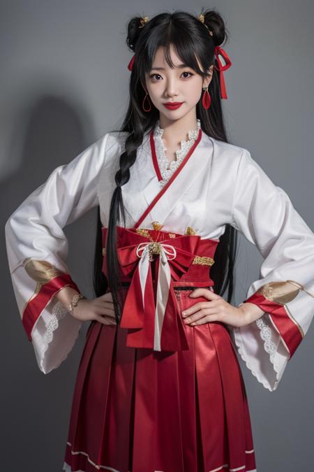 ultra-detailed,highly detailed,best quality,masterpiece,illustration,realistic,
hutao, 1girl, black hair, long hair, solo, korean clothes, hands on hips, hanbok, realistic, ribbon, jewelry, smile, long sleeves, looking at viewer, standing, skirt, grey background, black eyes, dress, simple background, flower, brown eyes, earrings, cosplay, traditional clothes, red ribbon, chinese clothes, red skirt, bow, closed mouth, lips, animal print, wide sleeves, bangs, signature, feet out of frame, tdnm,
 <lora:hutao_tdnm_v2_03:0.6>