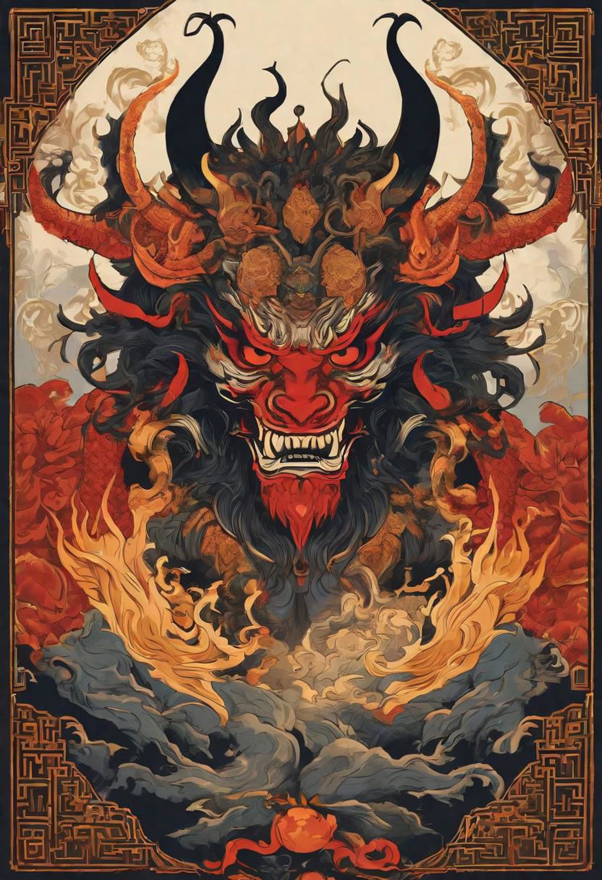 A fierce dragon with red eyes and horns, surrounded by flames.