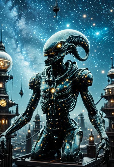 score_9, score_8_up, score_7_up, ultra details, high details, absurdres, masterpiece, best quality, 2k, 4k, very aesthetic, A impressionistic 50mm cartoonish upper-body shot of Xenomorph from Alien, set in A steampunk city filled with airships and clockwork machines, a dynamic sleeping pose and an traumatized expression. The scene is illuminated by dynamic chiaroscuro lighting, enhancing the dynamic atmosphere. shadows stretching unnaturally across the walls. The details are ultra-HD, with stunning textures, lifelike depth, and 8k quality. Every element is meticulously crafted, captures the essence of the motif in breathtaking resolution. (starry_morph:1.2), <lora:Starry_Morph_PonyXL:1.1>, <lora:add-detail-xl:1>, <lora:JuggerCineXL2:1>,