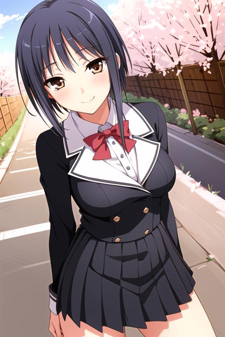 ((masterpiece)),((best quality)),ultra-detailed,illustratio,1girl, solo, school uniform, blush, short hair, brown eyes, purple hair, skirt, breasts, bow, long sleeves, looking at viewer, short hair with long locks, pleated skirt, sidelocks,smile, red bow, red top, red school uniform,bowtie, black hair, black skirt,outdoors, school gates, cherry blossoms, roads, cherry blossom trees,Beautiful body,Beautiful Nose,Beautiful character design,perfect eyes,perfect face,alluring,wallpaper,perfect lighting,Colorful,ultra highres,4K,photography,(Beautiful, medium breasts:1.5),(beautiful face:1.2),full body,(narrow waist),shiny skin,anime screencap,<lora:Fujikura Yu:0.7>,