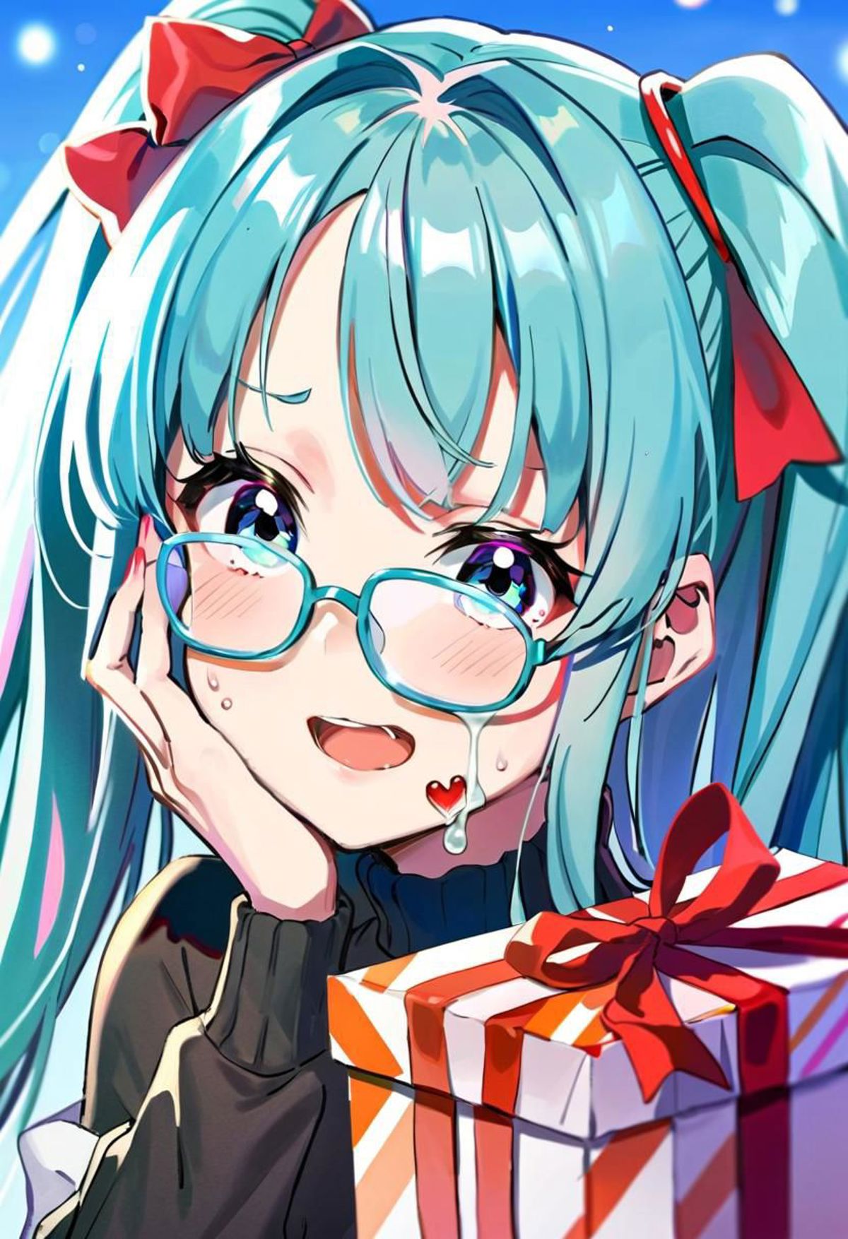 Anime girl with glasses crying over a gift box.