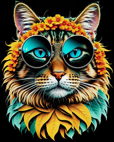 ((((masterpiece)), photographic)), professional detailed portrait, ultra high detail, sharp, insanely detailed, 




a hippy cat head, wearing small round sunglasses, print ready vector t-shirt design,side view,sticker dark black background, professional vector, high detail, t-shirt design, graffiti,vibrant, Use only all shades of magenta, teal blue, light yellow orange, the colors of spring greens, 






<lora:xl_more_art-full_v1:0.3>, 
<lora:AetherPunkAIv2:0.9>, aetherpunkai, 
<lora:WowifierXL-V2:0.8>, 
<lora:orangeblack:1.2>, 
<lora:ReaLora:0.7>, 
<lora:RMSDXL_Enhance:3>, 
<lora:RMSDXL_Photo:0.8>, 
<lora:psychedelicai-SDXL-V2-000008:1>, 
<lora:EnvyBetterHiresFixXL01:0:hr=1>,  
<lora:add-detail-xl:1.5>, 
<lora:DetailedEyes_V3:1.2>, 
<lora:PerfectEyesXL:1.0>,
<lora:mjv6:0.8>
