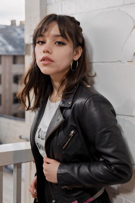 jenna_ortega wearing brown leather jacket, long wavy hair, bangs, eyeliner, eyeshadow, eyelashes, lipstick, makeup,
hoop earrings,
upper body close-up, brick wall background,
<lora:JennaOrtega_Rebirth:0.7>