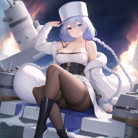 (masterpiece, best quality:1.2),illustration,8k,hd,1girl,solo,large breasts,blue eyes,long hair,avrora (azur lane),hat,pantyhose,black pantyhose,boots,belt,twin braids,braid,fur hat,white footwear,knee boots,white headwear,blush,fur trim,white hair,long sleeves,detached sleeves,bare shoulders,skirt,cleavage,bangs,cross-laced footwear,armpits,lace-up boots,ushanka,black belt,star (symbol),white skirt,ribbon,collarbone,hair between eyes,coat,<lora:Avrora(azur)>,