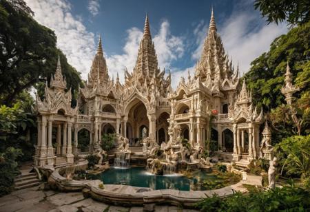 In the center of a vast expanse, towering structures of pure, gleaming ivory white rise into the sky, their elegant spires reaching towards the cosmos. Cascading waterfalls flow from the edges of these structures, creating a symphony of crystalline streams that gently pool in lush, vibrant gardens below. The city streets are lined with intricately carved marble pillars and adorned with shimmering mosaics that depict scenes of timeless beauty and harmony. A soft, golden glow emanates from every corner, casting warm, inviting light onto the serene avenues below. The entire city is surrounded by soft billowing white clouds.
<<BREAK>>
Perfect surrealist photograph , psychologically disturbing,
((strong fisheye-lens photograph (intense fisheye-view photograph), very low upward looking angle, intricately detailed, very detailed background, Experimental lighting, horror afterimage, ((evil garden echo image)), (echo image),  ((haunting multiple exposures)), (( long exposures)), ((ghastly garden phantom blur)), realisticvision-negative-embedding,  epiCRealism ))