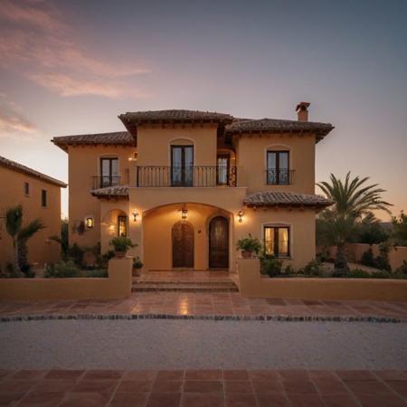 cinematic still award photo, full facade one stunning house building with roof on the street, spanish style villa with (roof tiles) architectral view,beautiful landscape,realastic,hdr,4k, sky background around, sharp edge . emotional, harmonious, vignette, highly detailed, high budget, bokeh, cinemascope, moody, epic, gorgeous, film grain, grainy