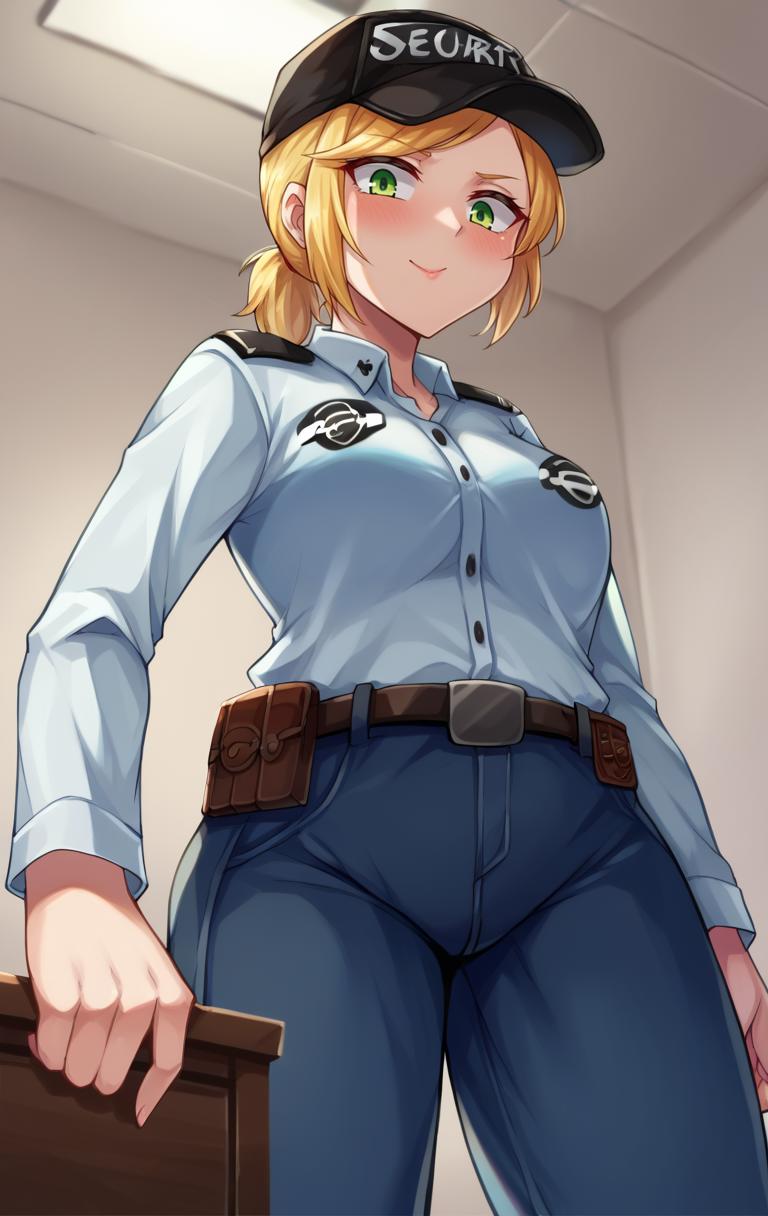 score_9,score_8_up,score_7_up BREAK <lora:vanessa10:1>,vanessaSDXL,1girl,solo,short hair,blonde hair,shirt,hat,green eyes,belt,pants,uniform,police,police uniform,room,room background,from below,