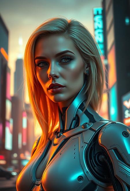 a striking cybernetic blonde woman, stands confidently in a futuristic cityscape at sunset. Soft, even lighting casts a warm glow on her features, accentuating the intricate details of her cybernetic robot attire. Her face, a masterwork of precision and beauty, is framed by medium-length portrait proportions. Eyes gleam with intensity as she surveys the neon-lit metropolis behind her, where towering skyscrapers and holographic advertisements blur into a futuristic haze.