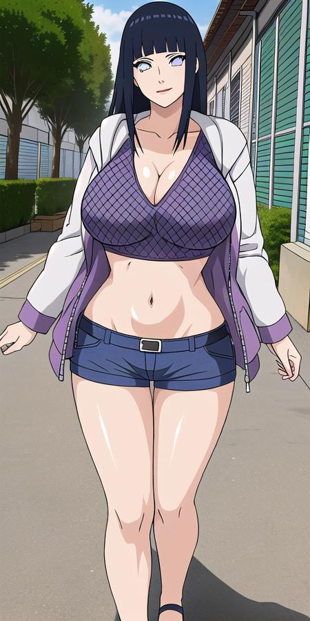 <lora:Hyuuga_HinataV1:0.7> hyuuga_hinata, huge_breasts, standing, solo, White_hooded_jacket_Fishnet_top_Blue_shorts,, masterpiece, best quality, detailed face, detailed eyes, highres,