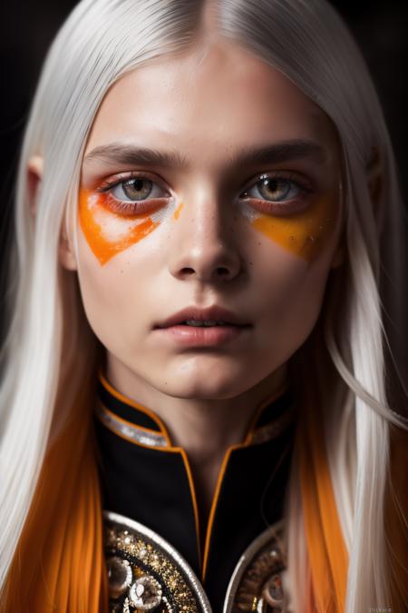 Magician, pale Roman silver hair, Yellow Orange (Color Wheel) eyes, frills, detailed skin, perfect face, fashion photography, 20 megapixel, canon eos r3, crowded train, detailed skin, detailed, detailed face, ((vibrant, photo realistic, realistic, dramatic, sharp focus, 8k))