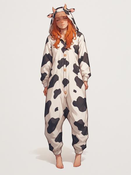 cow onesie, solo, cow print, animal costume, barefoot