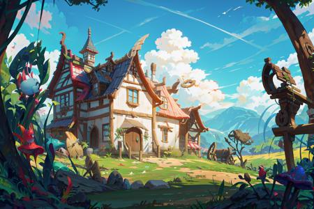 2D ConceptualDesign, tree, scenery, cloud, outdoors, sky, day, nature, mushroom, bird, grass, forest, fantasy, blue sky, house, no humans<lora:Stylized Concept design CG:0.8>