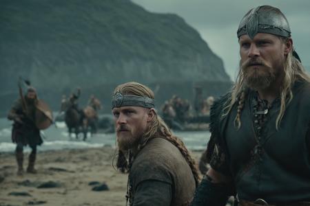 cinematic film still of vikings landing on the north-american coast meeting indians, shallow depth of field, vignette, highly detailed, high budget, bokeh, cinemascope, moody, epic, gorgeous, film grain, grainy