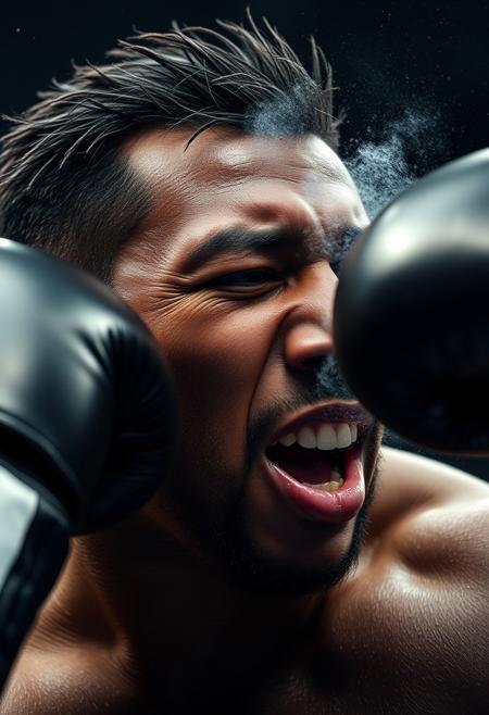 still slow motion shot, tight zoom on a strong black boxer being hit in the jaw by a black boxing glove at a heavyweight championship, the force of the impact is throwing a cloud of misty sweat all around the head of the fighter, his hair is waving away from the punch, the skin of the cheeks are wobbling, the lips are tight together