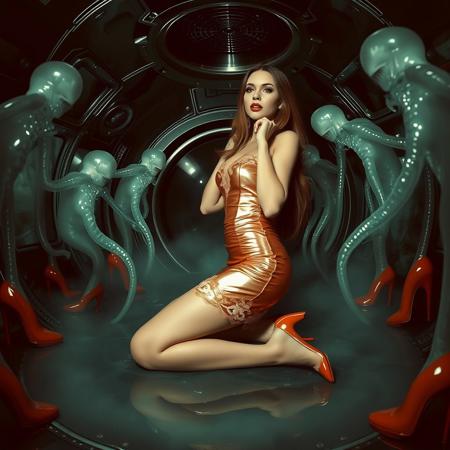 slender classy fashionable rich baroness, kneeling, soiree foil dress, lace trim silk stockings and glossy high heels,  black glossy slime filled hole, possessed, groped, embraced by ghost tentacles from the floor hole,  fog from the floor hole, surrounded by glossy high heel shoes and stasis tubes ,  alien harem , spaceship, space, high-tech, steel, mirrors, horror, fetish, foil, foil pillows, foil sheets, excited, orgasm face, 1950's science fiction movie,     weird dimension portal to another galaxy in the celling, ultra thin waist, tall, long hair,