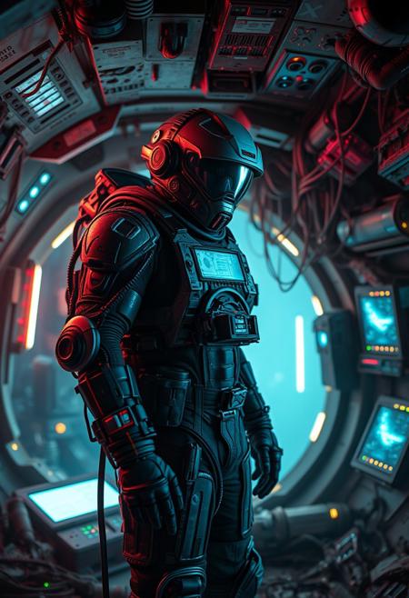 elite interstellar soldier, inside a derelict spaceship, alien technology on background, neon lights, neon elements, broken equipment, detailed exosuit, battlescared exosuit, cables, wires, led screens, close up, extremely detailed action scene, dust, light leaks,