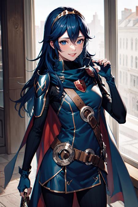 1girl, blue hair, blue eyes, solo, tiara, hair between eyes, fingerless gloves, armor, cape, necklace, mature female, <lora:lucina-03:1>, facing viewer, medium breasts, standing, smile