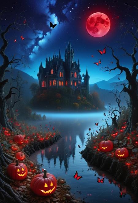 masterpiece, best quality, mysterious dark enchanting forest with ((halloween pumpkins:1.3)) and ((colorful butterflies:1.4)) leaving a trail of magical pixie dust behind, a crystal clear lake shredded in a fog and a an ethereal glow at night with a ((galaxy sky embrodeiry and red moon:1.5)) with an old haunted mansion on a hill behind and bats flying, 8k, masterpiece, best quality, vivid colors, 32 bit colors, high texture resolution, soft lighting, epic, dark fantasy style, breathtaking, visually impressive, stunning composition, mesmerizing, hypperrealistic, digital art, trending at artstation