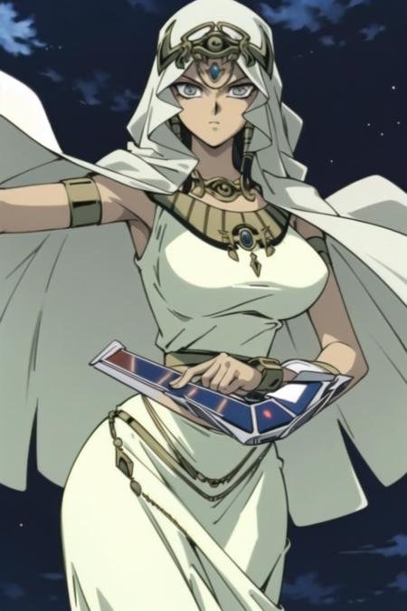 <lyco:ishizu:0.7> ishizu, 1girl, solo, dress, jewelry, sky, cape, grey eyes, night, star \(sky\), veil, card, holding card, egyptian, duel disk, huge_breasts