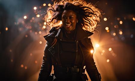 (photo of silhouette:1), a woman defiant pose laughs wearing a adventurers outfit, surrounded by an intense explosion, bright bokeh, RAW, 8k, Mamoru Oshii, cyberpunk, assassin, cybernetics, masterpiece, best quality, ultra high res, action shot