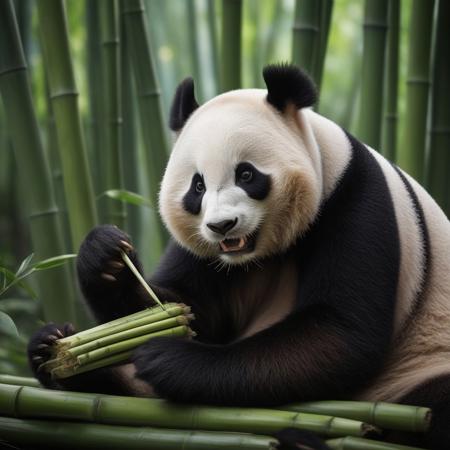 panda feeding on bamboo in the bamboo forest, very realistic photography