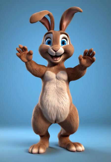 generate 3D illustration of a circle brown bunny rabbit having blue eyes looking so warmly happy to see its owner, looking happy and delightful and also having an expression of spreading his hands to get a hug with his extra digit of his feet.