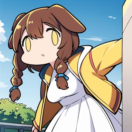 Korone, dog girl, dog ears, twin braids, sidelocks, hair ornament, medium breasts, ((white dress)), yellow jacket, dress, jacket, open clothes, open jacket, sleeveless dress, <lora:ma_meme_fx-13:0.8>, <lora:inugamiKorone_v10:0.4>, sky, day, outdoors