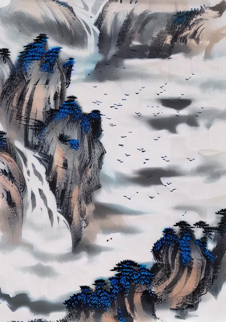 ((materpiece)), ((best quality)), ((high-res)), ((Ink wash)),  ((artist)), a painting of longly mountain and pine_tree, branch, no_humans, outdoors, scenery, birds, waterfall, indigo paint, cloud, zulishisong_style_mountains, bare tree <lora:zulishisong:1>