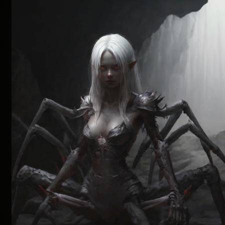 highly detailed photo of a drider in a cave,
1girl, solo:1.2, no humans, 
(spider legs, arthropod limbs, multiple legs):1.25,

long hair, 
white hair, armor, 
breasts, cleavage, white eyes,

looking at viewer,
detailed elven female face, arachnid body has spider legs,

realistic:1.0, depth of field, blurry, blurry background,

light and dark,
silhouette lighting,
best quality, intricate details,







