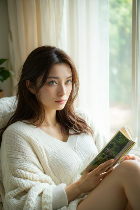 (HD, masterpiece, best quality, hyper detailed, ultra detailed, super realistic),Visualize a young woman with long, wavy brown hair nestled in a plush reading nook, wrapped in a fluffy white blanket. One hand clutches the blanket while the other holds a thick book resting on her lap. She looks gently at the camera, creating a sense of tranquility and warmth. Soft afternoon light filters through sheer curtains, casting a dreamy glow and delicate shadows on her face. Beside her, a small side table holds a cup of herbal tea and a few colorful bookmarks. The nook is adorned with plush cushions and a knitted throw, with muted colors and soft textures surrounding her, perfectly encapsulating a cozy afternoon moment dedicated to relaxation and escape into a good book., green eyes, blue eyes, brown eyes, perfecteyes, jpn-girl, Movie Still, Film Still, Cinematic, Cinematic Shot, Cinematic Lighting, SDXL Hands XL + SD 1.5 + FLUX.1-dev<lora:SDXL PerfectEyesXL.safetensors:0.8:0.8> <lora:SDXL japanese_girl_v1.1.safetensors:0.8:0.8> <lora:SDXL Juggernaut Cinematic XL LoRA.safetensors:0.8:0.8> <lora:SDXL Hands XL + SD 1.5 + FLUX.1-dev.safetensors:0.8:0.8>