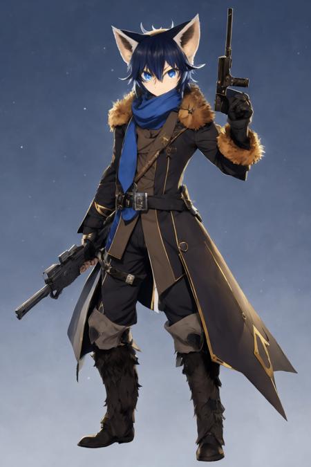 <lora:TaS_v1:1> xyzdd style of warhammer, absurdres, alternate costume, animal ears, black hair, black jacket, blazer, blue archive, blue eyes, blue scarf, cat ears, closed mouth, coat on shoulders, commentary request, cosplay, crossed bangs, fur-trimmed jacket, fur trim, gloves, grey background, gun, halo, handgun, hat feather, helmet, highres, holding, holding weapon, hololive, horns, ido teketeke, p, ixy