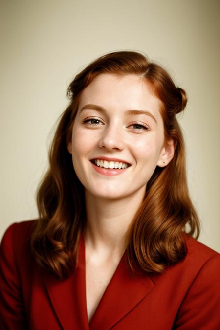 (best quality:1.2), woman, (38 years old:1.3), (1940s analog color photo:1.2), strong facial features, long nose, big eyes, full body shot, ginger hair, slender, athletic body, , laughing,  depth of field, lifelike texture, detailed face, detailed eyes, detailed skin, extremely detailed, intricate details