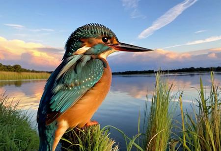 close-up kingfisher, side profile, morning glow background, lake water grass, morning sky with cirrus clouds