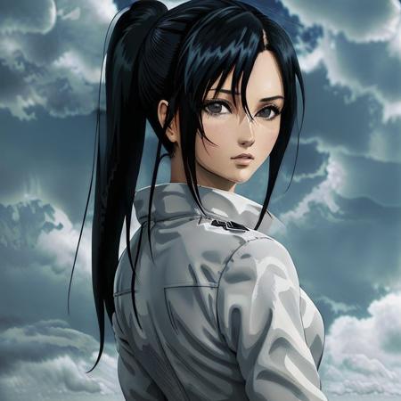 cloud, 1girl, black_hair, cloudy_sky, solo, sky, ponytail, black_eyes, long_hair,
 rtx,artgerm style,high detail,Cinematic light, intricate detail,highres, high detail,detailed,best quality,