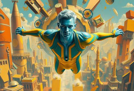 1boy, blue skinned, silver metallic short hair,  aged 30 (full body, facing camera, from below). Futuristic fashion, a golden yellow and teal  high tech bodysuit ,  it is form fitting with an open face design. the man has pale blue skin and is muscular and has an athletic  form , the hero is flying above a futuristic alien city that is very idyllic and made of numerous organic shaped buildings ,, the city behind him exploding into fractured shapes and vibrant brushstrokes. cinematic realism, modernist abstraction, vintage fashion, expressive color palette, fragmented composition, narrative surrealism, romantic noir, bold geometric forms, rhythmic patterns, textured brushwork, dreamlike tension, symbolic elements, 20th-century elegance, surreal backgrounds, abstract expression, stylized figures, visual dynamism, painterly contrast, emotional ambiguity, narrative experimentation