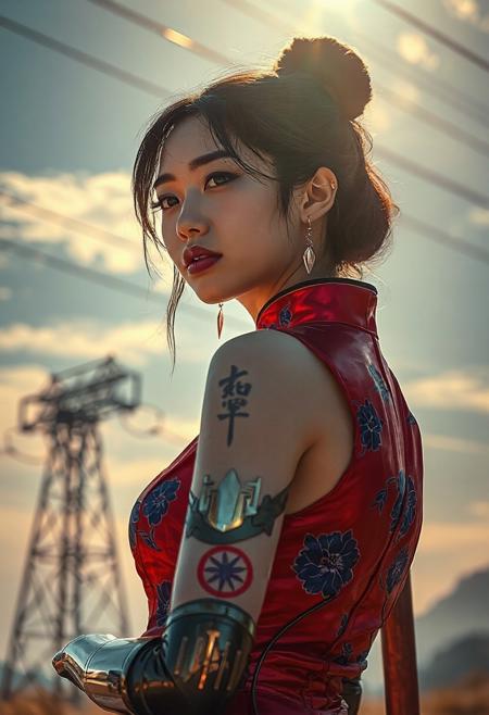 armor reflects fractured sunlight like liquid steel. The backdrop is impossibly alive — sky and machine bleed into each other. Her crimson cheongsam hugs her synthetic frame, patterned in royal blue chrysanthemums, which shimmer subtly with each shift of light. The sleeveless cut reveals full cyborg arms: one sleek and polished, the other layered with tattoo-like circuit glyphs glowing faintly.  On her back, a katana with blackened edge and etched runes rises like a totem, locked into a reinforced spine port. Thin fiber wires lead from her shoulder to a distant power pole, barely visible above. Her glowing earrings sway faintly in a wind you can’t feel, casting tiny flares of red across her collarbone.  Lighting: Dramatic vertical sunlight with iridescent color bounces from the sky, highlighting chromatic steel and cheekbones. Environment: Heaven-machine hybrid vista, a dreamlike atmosphere fused with electric cables overhead, power boxes quietly humming. Mood: Stilled voltage, a goddess of the artificial heavens resting before ignition. <lora:MoriiMee_Gothic_Niji_Style_FLUX:0.3500000000000001> <lora:AsirAsianPhotographyflux:0.7000000000000002>