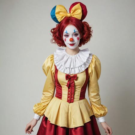  a woman dressed as a clown with red hair, in the style of magical girl, colorful moebius, light yellow and dark crimson, pencilsteampunk, kintsukuroi, loose and fluid, stylish costume design --ar 68:128 --stylize 750 --v 5. 2 