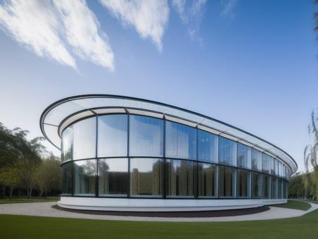 a modern museum building, glass, curve shape