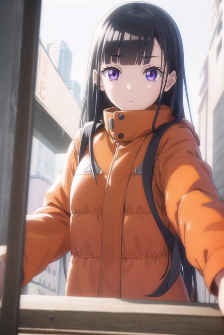 shirase kobuchizawa, long hair, black hair, red eyes, purple eyes, shirt, white shirt, collared shirt, neckerchief, red neckerchief, skirt, black skirt, jacket, helmet, orange jacket, orange helmet,