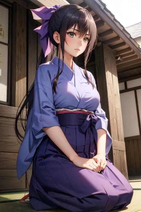 masterpiece, best quality, ichijou aoi, ponytail, purple kimono, hair bow, furrowed brow, serious, large breasts, japanese architecture, seiza, looking at viewer  <lora:ichijouaoi-nvwls-v2-000012:0.9>