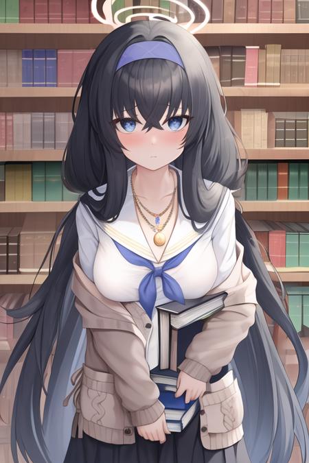 masterpiece, best quality, highres, solo, {ui_bluearchive:1.10}, long_hair, black_hair, hairband, bangs, halo, bags_under_eyes, blue_eyes, blue_hairband, blush, cardigan, very_long_hair, hair_between_eyes, jewelry, necklace, book, serafuku, breasts, small_breasts