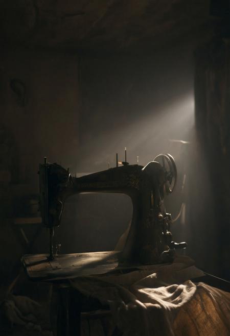 Attic dusty old vantage sewing machine ,Mannequin covered with cloth,dust all over, god rays , dim light, cinematic, misterious, dark corners, scary scene