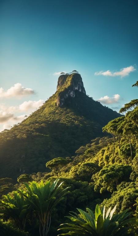 Serene landscape featuring the towering pico co grande amidst verdant tropical vegetation under vibrant skies, copy space, design template, breathtaking photograph, dramatic light, award-winning, professional, highly detailed . 35mm photograph, film, bokeh, professional, 4k ,minimalistic, daylight, warm atmosphere, <lora:add-detail-xl:1>, cinematic look, <lora:SDXLHighDetail:0.3>