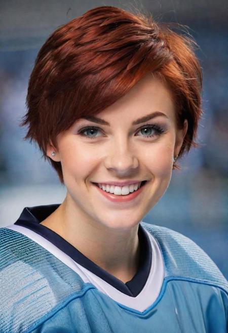 18 year old, medium sized, confident looking woman. Auburn hair. Evil grin. Blue Ice Hockey gear. Short hair in a pixie cut.