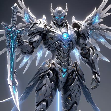 1man. male, solo, wearing gery tech armor, holding glowing weapon infront of him, holding glowing sword, robot wings,  simple glowing background , HD, masterpiece, best quality, hyper detailed, ultra detailed,