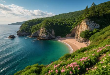 (((Captured at eye-level on a vibrant day, a medium-sized view of a coastal coastal scene features a rocky cliff face, a sandy beach, and a large body of water. To the left of the cliff face is a lush green hill dotted with trees and green foliage. The sky is a deep blue, with a few wispy clouds, adding a touch of color to the scene. In the foreground of the image, a bed of green and pink flowers are growing along the edge of the hill))). highly detailed and hyper realistic photo, by Alena Aenami , by Archibald Thorburn , by Daniele Afferni , limited dark palette, unusual dark colors, faded colors, atmospheric haze, highly dramatic cinematic lighting, film grain,  professional, excellent composition, finest details, maximized details, ultimate detail level, masterpiece, best quality