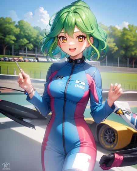 1girl, rin, green hair, short hair, yellow eyes, blue racing costume, zipper, bracelet,
outdoors, race track, :D

<lora:Rin v2 e6:0.7>