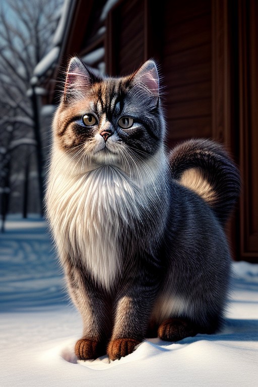 beautiful, ((masterpiece, best quality, intricate details:1.2)), persian cat on a snowy day, highres, realistic, UHD, sharp focus, mesmerizing, ultra detailed, high texture resolution, ((breathtaking)), photorealistic, 64k, crisp colors, 32 bit colors, dynamic angle, dynamic light, digital drawing, concept art, amazing composition