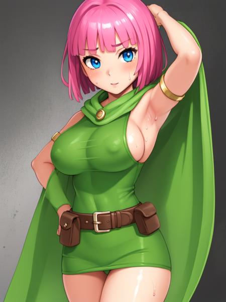 archercr, 1girl, solo, pink hair, short hair, blunt bangs, blue eyes, cape, dress, sleeveless, belt, armlet, quiver, barefoot, bow (weapon), holding